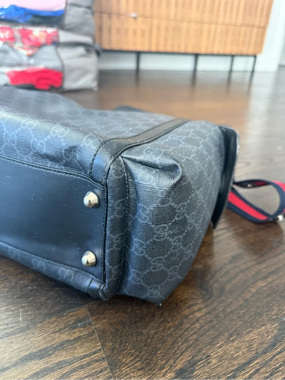 Gucci Black Monogram Diaper Bag with Red and Blue Web Strap